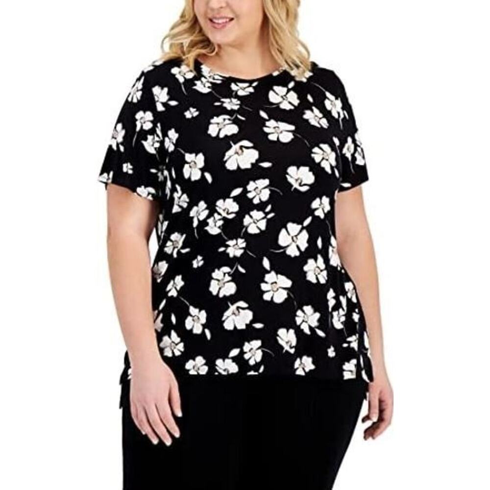 Alfani Plus Size Crew Neck Short Sleeve‎ Floral Print T-Shirt Deep Black 0X $40